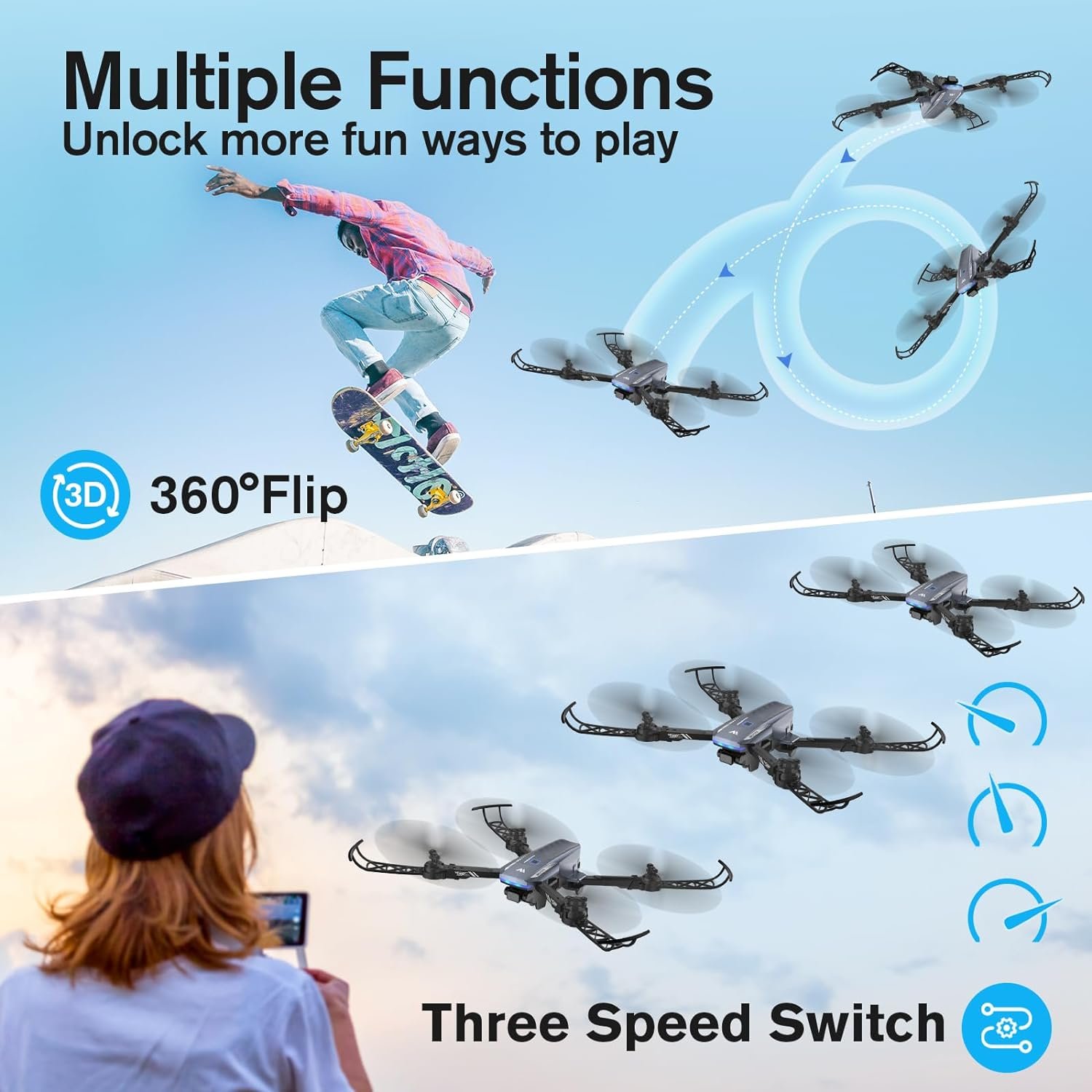 DROCON Drone with Camera for Adults ,1080P HD Adjustable WIFI FPV Drone for Kids Beginners,RC Mini Drone Toys Gifts with Altitude Hold,360°Flip ,Headless,Gestures Selfie,3 Speed Mode, 2 Batteries with Carrying Bag