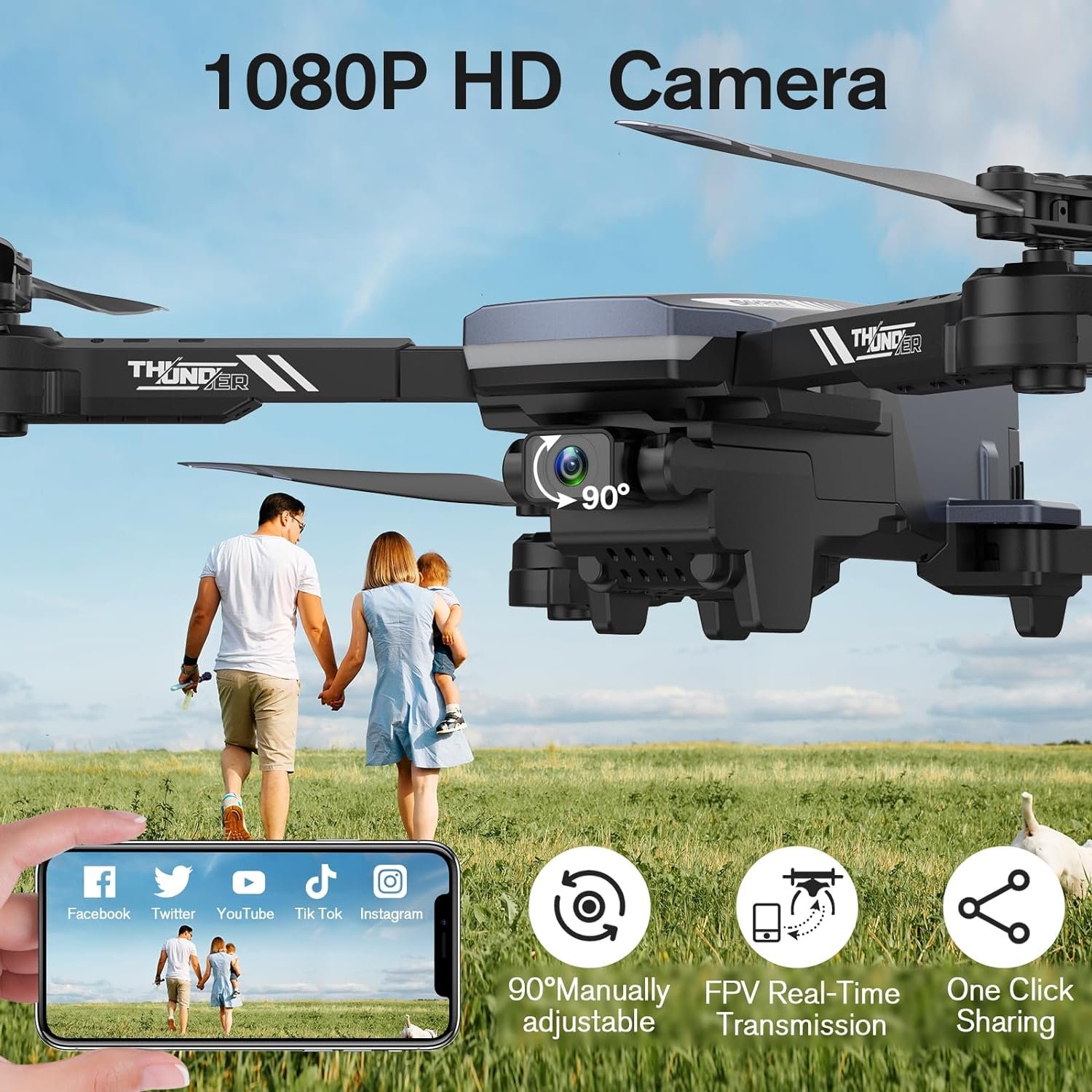 DROCON Drone with Camera for Adults ,1080P HD Adjustable WIFI FPV Drone for Kids Beginners,RC Mini Drone Toys Gifts with Altitude Hold,360°Flip ,Headless,Gestures Selfie,3 Speed Mode, 2 Batteries with Carrying Bag