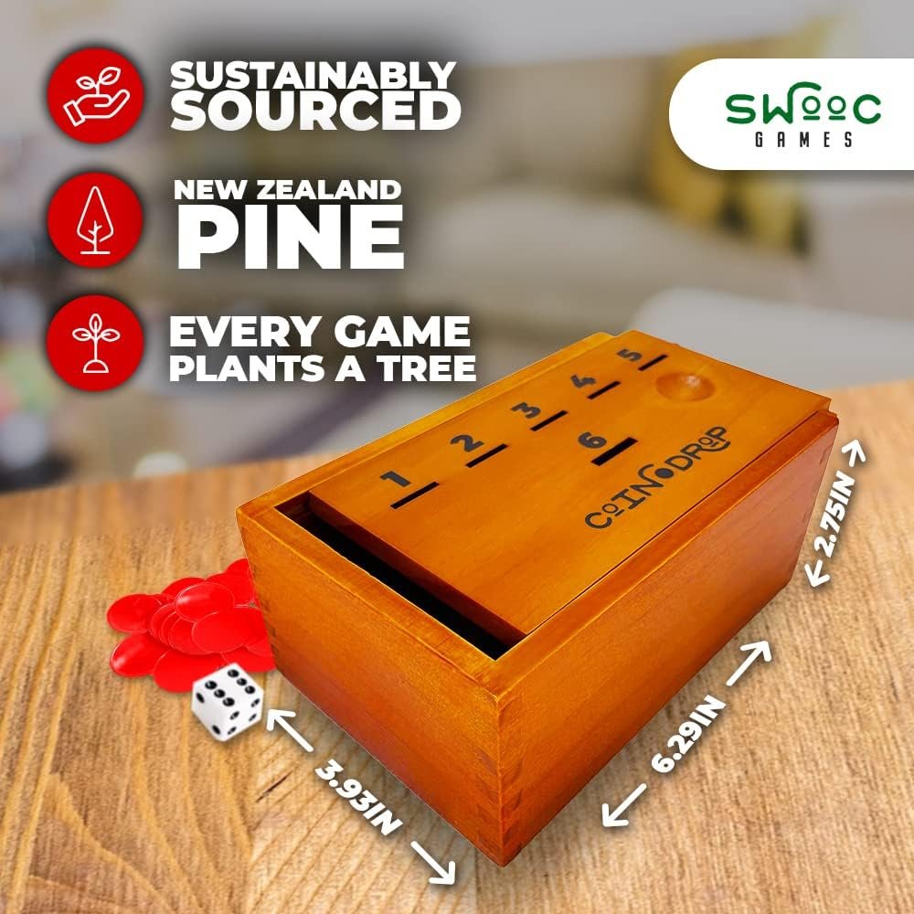 SWOOC Games - Coin Drop | Simple + Strategic Dice Games For Families with Coins Included For 2-6 Players | Works With Pennies Too | Get Rid Of Coins To Win | Board Games For Kids | Penny Game Wood Box