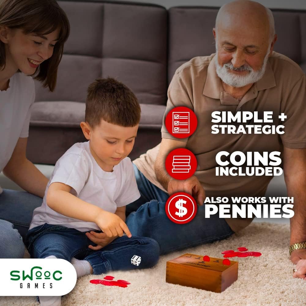 SWOOC Games - Coin Drop | Simple + Strategic Dice Games For Families with Coins Included For 2-6 Players | Works With Pennies Too | Get Rid Of Coins To Win | Board Games For Kids | Penny Game Wood Box